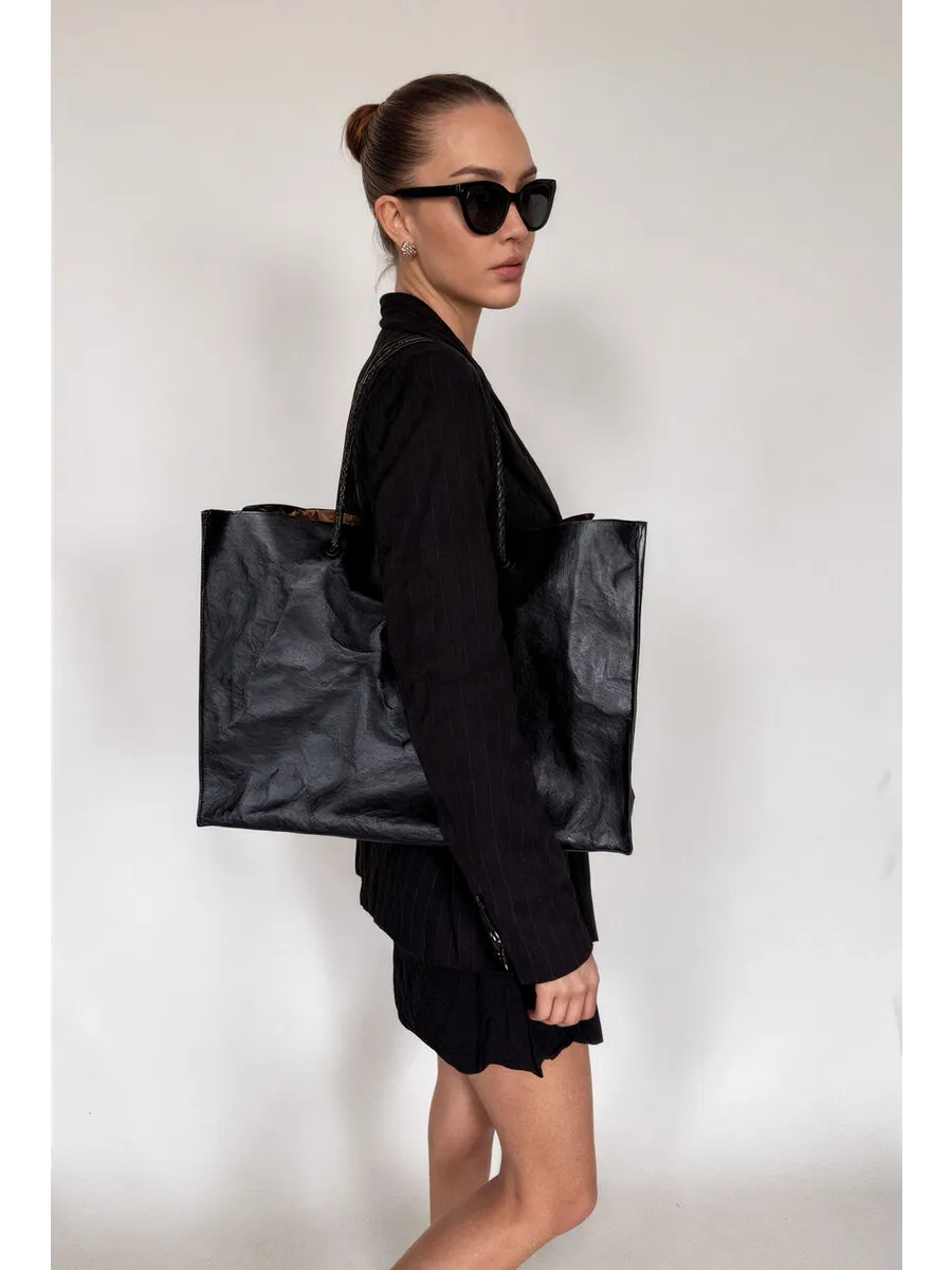 Shopper Bag black with leopard print