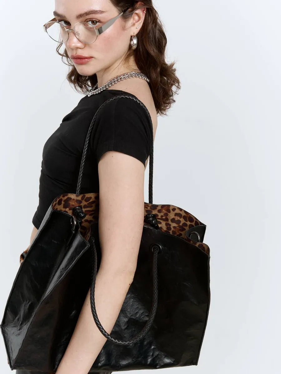 Shopper Bag black with leopard print
